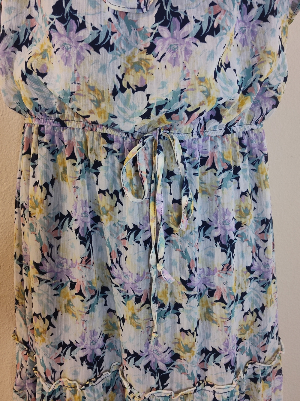 Cottagecore Floral Midi Sundress in Pastel Blues & Lilacs Tiered Ruffles Prairie - Picture 5 of 13